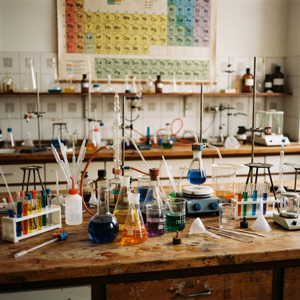 Chemistry laboratory equipment — beakers and flasks on a bench